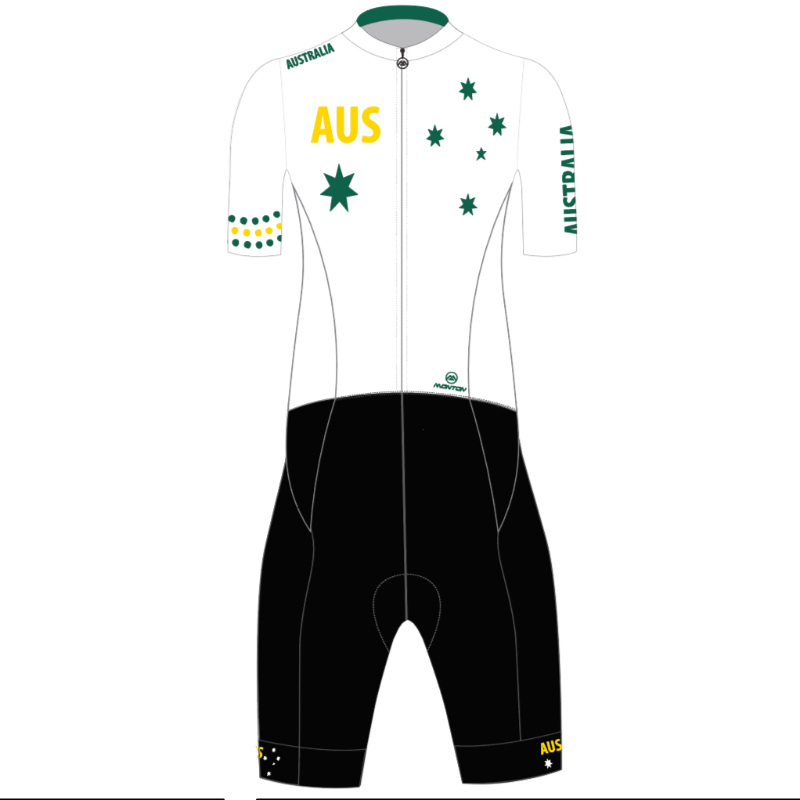 Cycling outfit with 'AUS' and Australian flag design on a white background